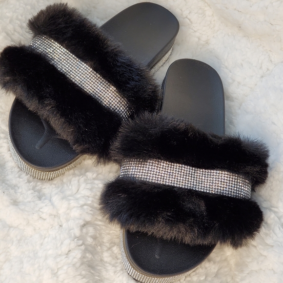 Black Furry and Silver Bedazzled Slippers - Picture 11 of 11